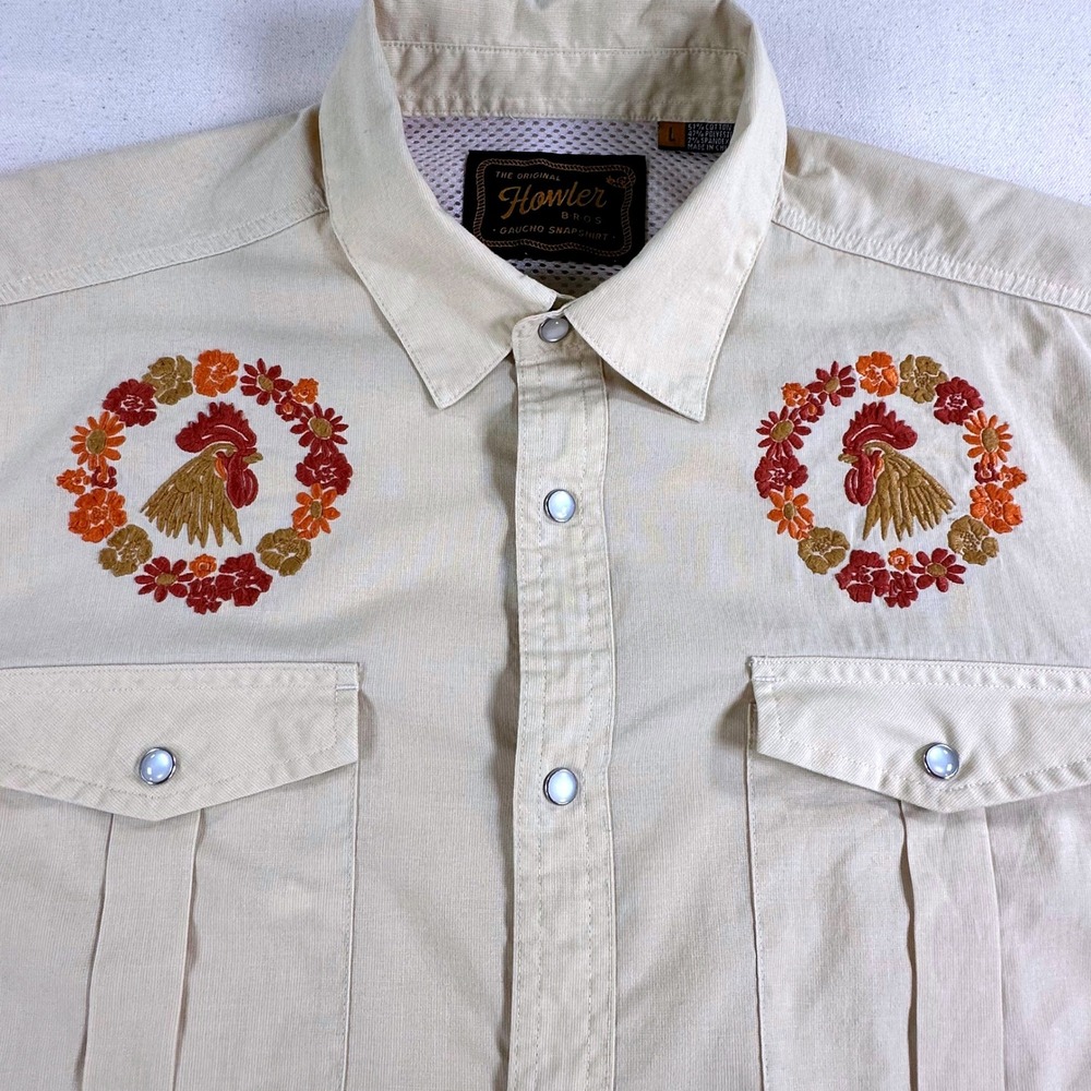 Howler Brothers Gaucho Snapshirt Mens L Tan Rooster Embroidered Western Snap - Picture 4 of 16